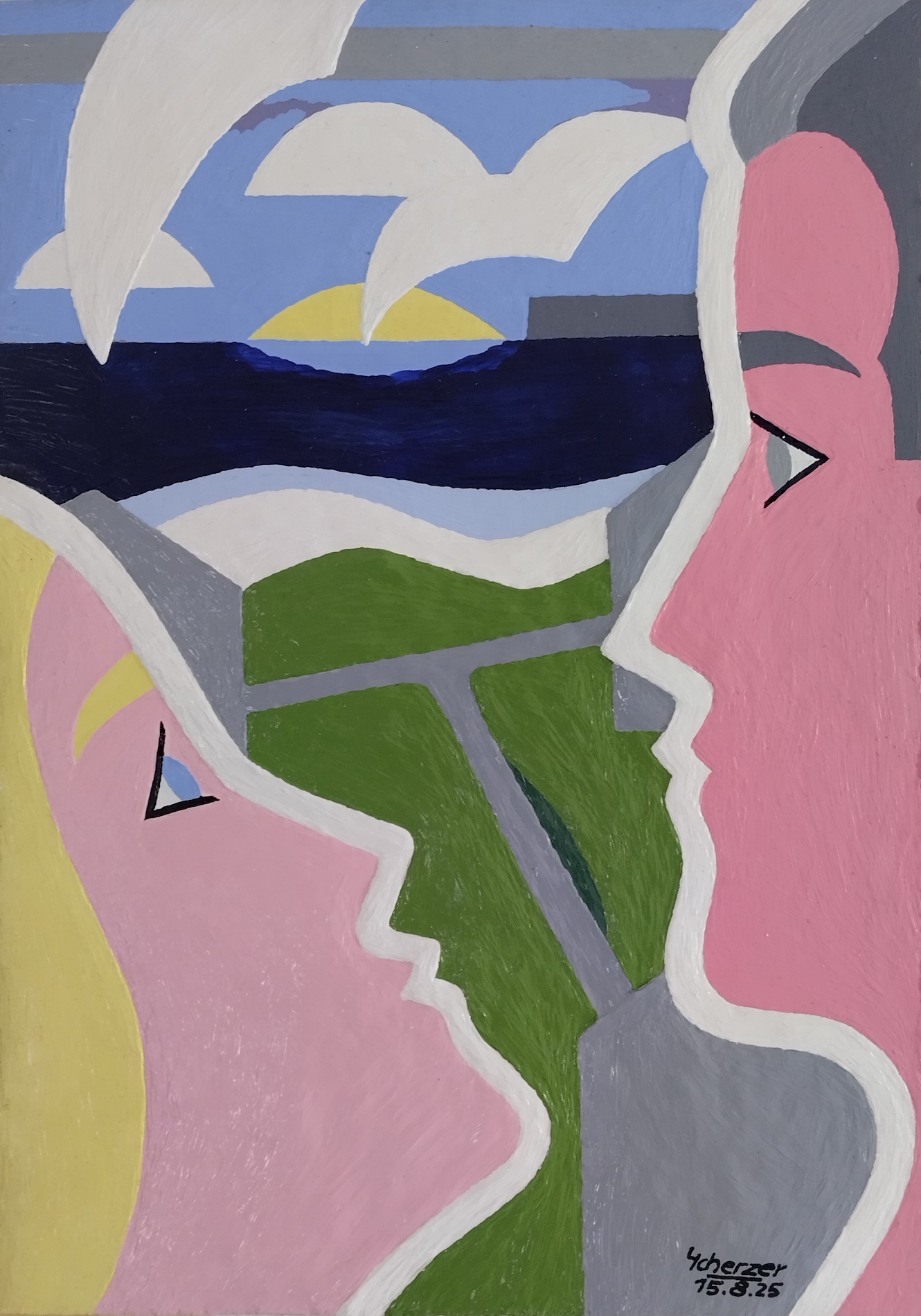 Junges Paar hinter den Klippenhäusern am Meer